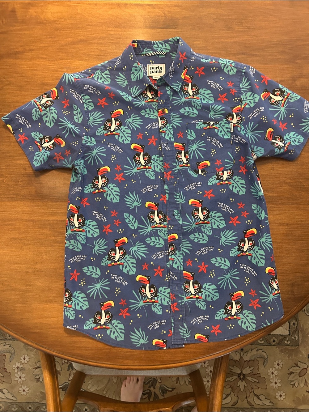Party Pants Men’s Blue Tropical Toucan Short Sleeve Button-Down Shirt